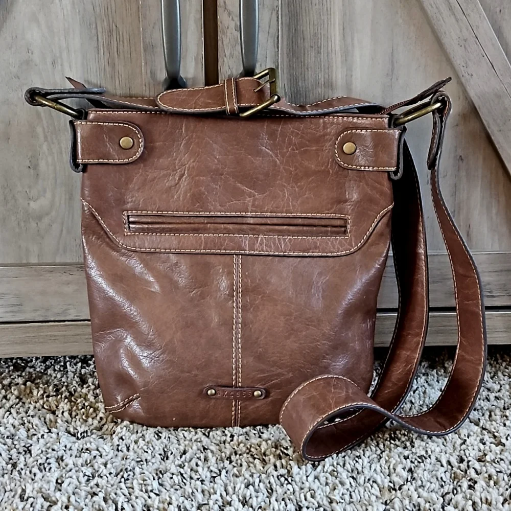 Liz Claiborne Axcess Brown Faux Leather Vintage Satchel Crossbody Bag Purse - Picture 2 of 13